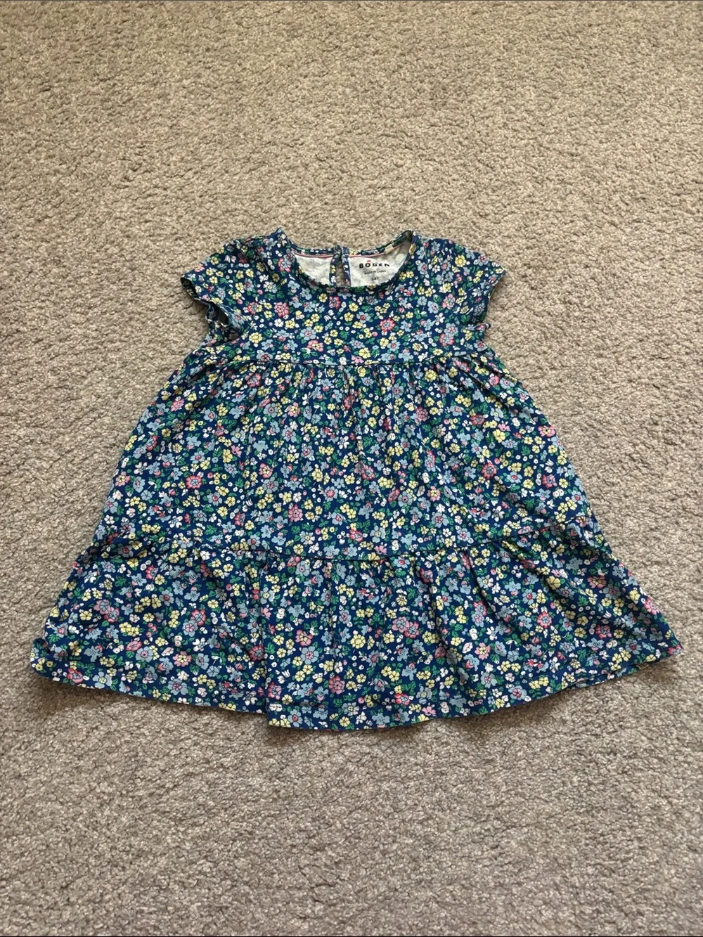 Mini Boden Navy Blue Floral Short-Sleeve Tiered Dress size 3-4T